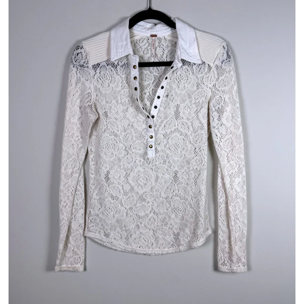 Free People Cream Lace Collared Henley Shirt‎ Long Sleeve Size M